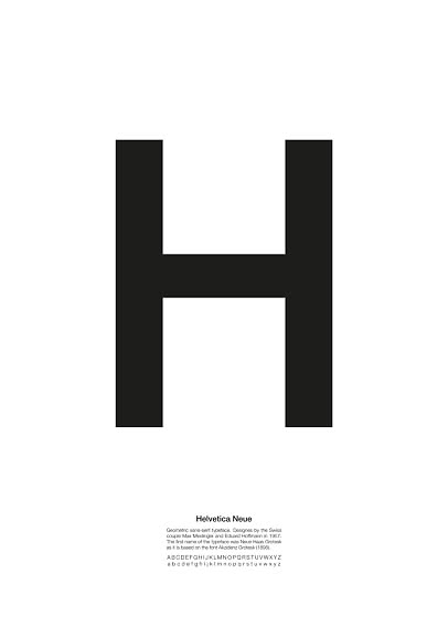 Minimalistisk plakat med stort sort H og tekst om Helvetica Neue på hvid baggrund