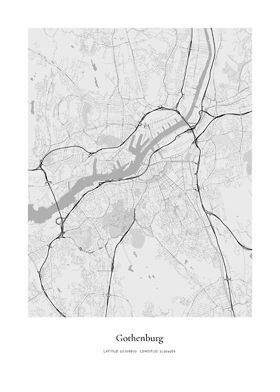 Affiche carte urbaine minimaliste en noir et blanc de Göteborg avec routes, eau et coordonnées.