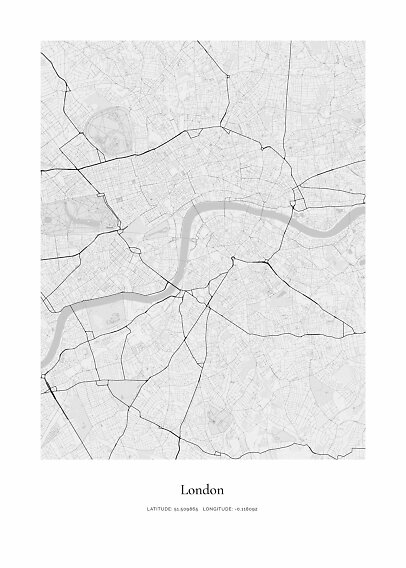 Minimalistisches schwarz-weißes Stadtplan-Poster von London mit Themse und Koordinaten unten