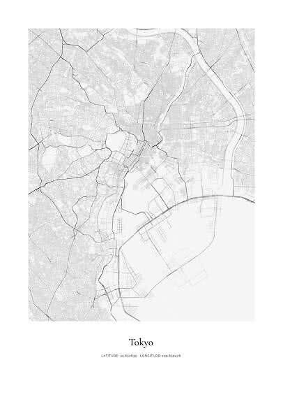 Minimalistisches schwarz-weißes Stadtplan-Poster von Tokio mit Straßennetz und Ufer.
