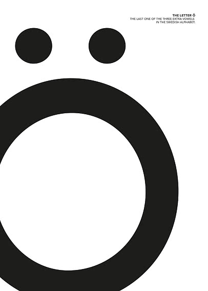 Minimalistisches schwarz-weißes Poster mit dem schwedischen Buchstaben Ö und kleinem Erklärungstext.