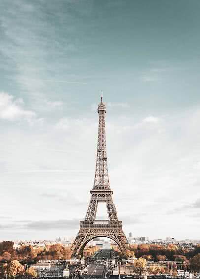 Frontalansicht des Eiffelturms in Paris über Stadt und Herbstbäumen unter hellem Himmel