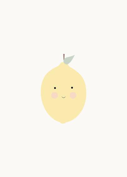 Cute illustration of a yellow lemon with a face and leaf on a light gray background