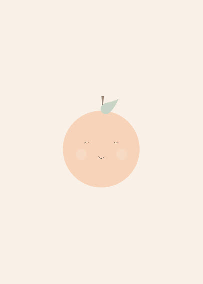 Minimalistische Illustration eines Pfirsichs mit süßem Gesicht auf hellbeigem Hintergrund