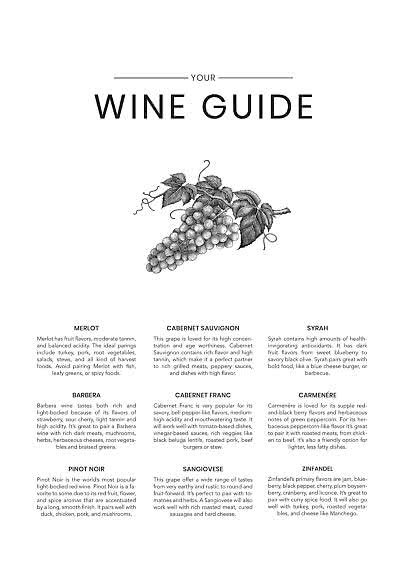 Poster mit "Your Wine Guide", Traubenillustration und Übersicht zu Rotweinsorten und Speisen