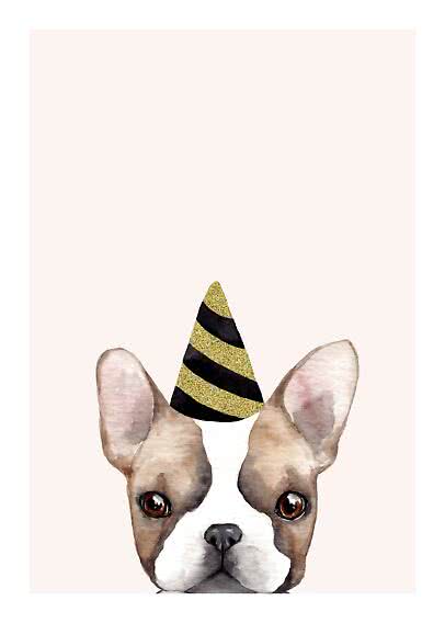 Aquarelle d’un chiot bouledogue avec chapeau de fête noir et or sur fond rose pâle