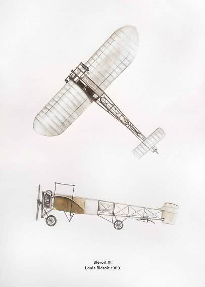 Illustration av ett Blériot XI-flygplan uppifrån och från sidan, med texten Louis Blériot 1909