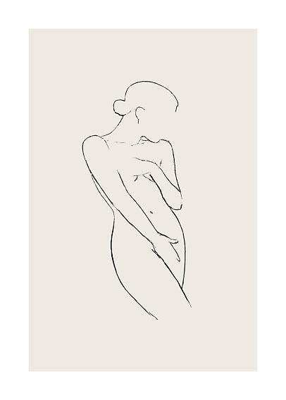 Minimalist line drawing of a female figure in profile on a beige background