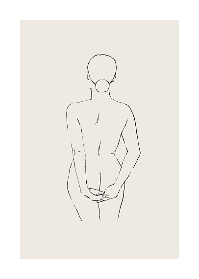 Minimalist line drawing of a nude woman from behind on a beige background