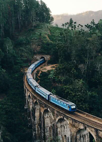 Blue train on a curved stone viaduct through lush forest toward a tunnel in the hills