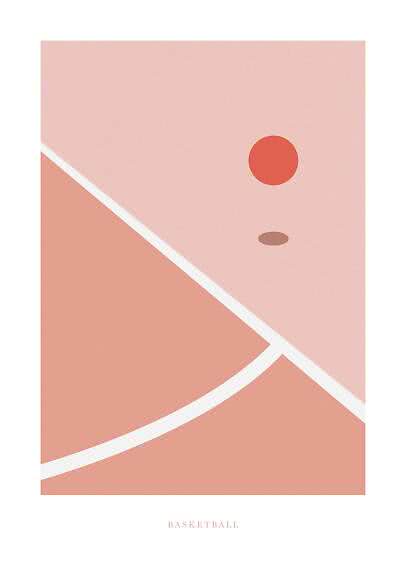 Minimalistyczny plakat koszykarski w różowych tonach z liniami boiska i pomarańczową piłką
