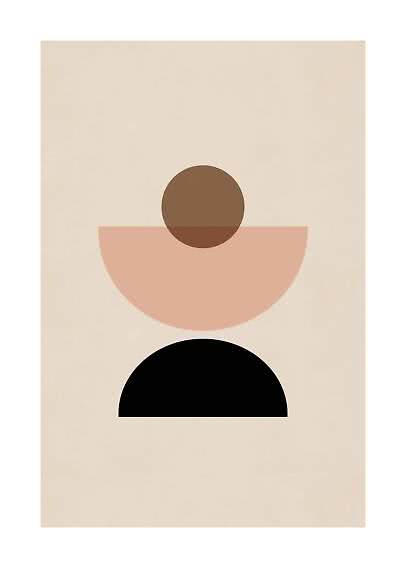 Abstrakt plakat med brun cirkel og rosa samt sort halvcirkel på beige baggrund