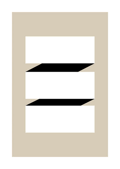 Abstrakt geometrisk plakat med tre hvide bjælker og sorte diagonale former på beige baggrund
