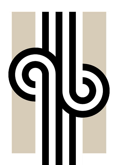 Motif abstrait noir et blanc avec bandes beiges verticales et formes en spirale