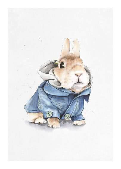 Watercolor of a brown rabbit wearing a blue coat with a high collar on a white background