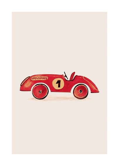 Illustration of a red vintage race car with number 1 on a light background