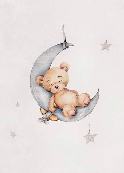 Aquarell eines schlafenden Teddybären auf grauer Mondsichel mit kleinen Sternen