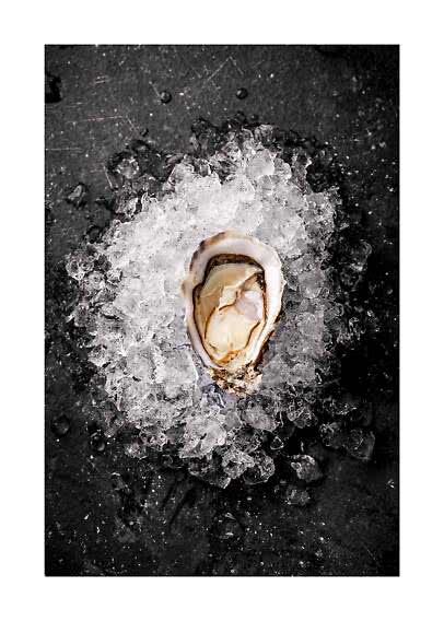 Open oyster on crushed ice on a dark surface, top view