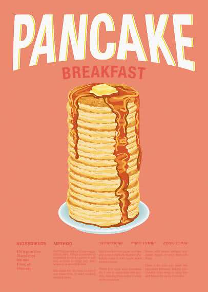 Plakat med stak pandekager med sirup og smør på lyserød baggrund, med overskriften "Pancake Breakfast"