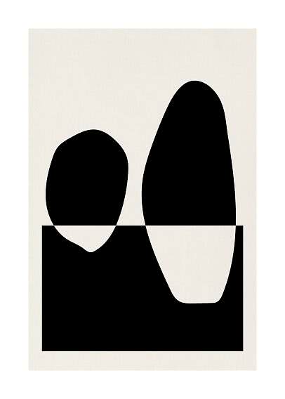 Poster astratto in bianco e nero con due forme organiche sopra un rettangolo nero