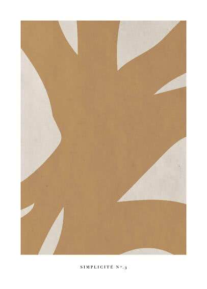 Poster astratto con grandi forme organiche beige su sfondo bianco crema, testo in basso.