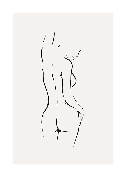 Minimalist line drawing of a nude female figure in side view on a light background