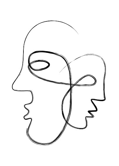Minimalist line drawing of two abstract faces in profile on a white background