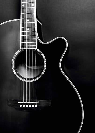 Close-up of a black acoustic cutaway guitar against a dark background