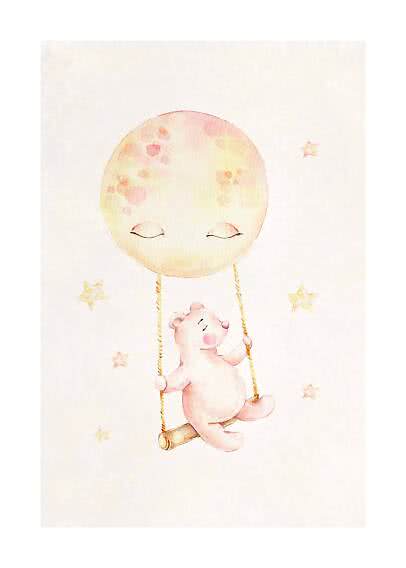 Watercolor of a pink bear on a swing hanging from a sleeping moon balloon with small stars