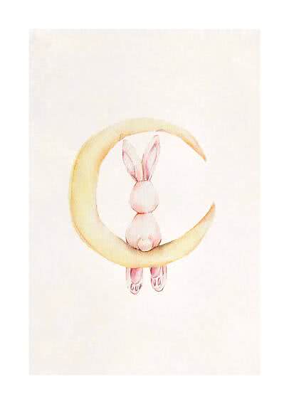 Aquarelle d’un lapin rose assis dans un croissant de lune jaune sur fond blanc