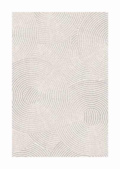 Light rug with abstract pattern of overlapping circles in beige and gray tones