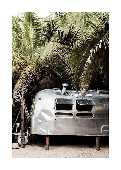 Silver trailer parked beneath tall palm trees on sandy ground