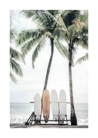 Four surfboards under palm trees on a calm beach by the sea