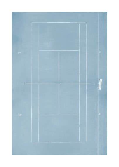 Affiche abstraite bleue avec fines lignes géométriques blanches et petit détail vertical à droite
