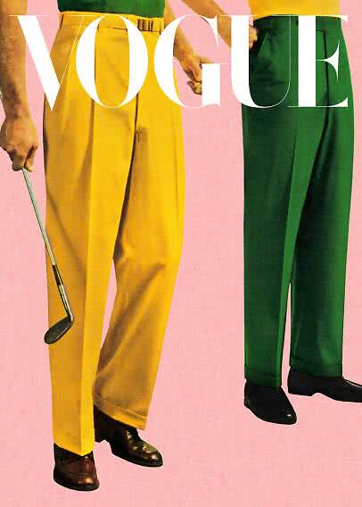 Two models in yellow and green trousers on a pink background with large Vogue lettering