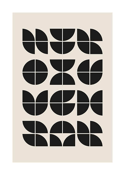 Abstrakt plakat med sorte geometriske halvcirkler og kvartcirkler på beige baggrund