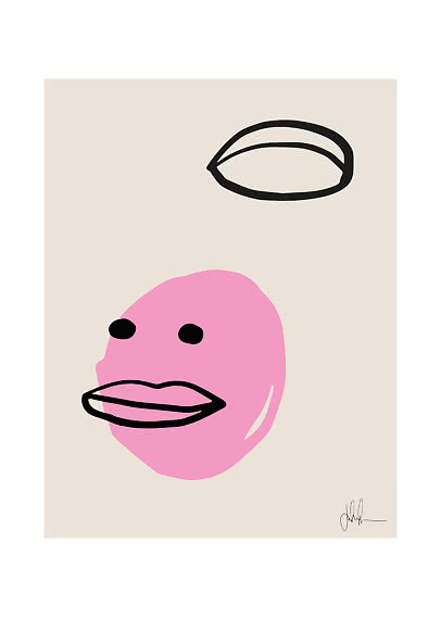 Abstraktes Poster mit rosa Gesicht, schwarzen Konturen und beigem Hintergrund