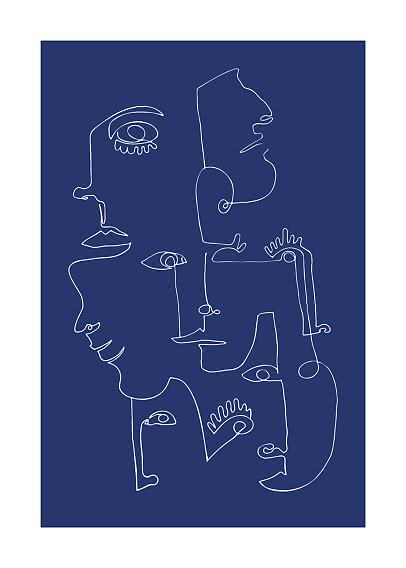 Dessin abstrait au trait de plusieurs visages en blanc sur fond bleu foncé
