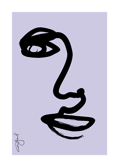 Abstract black line drawing of a face on a light purple background