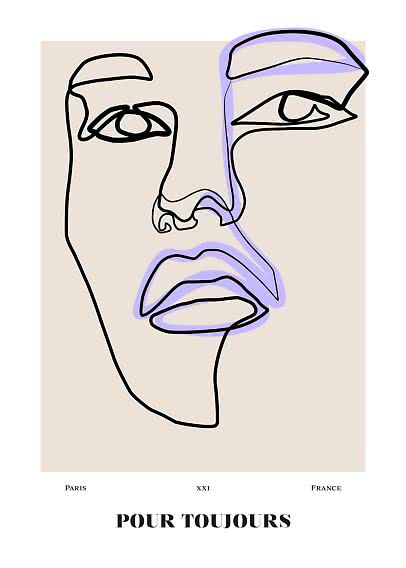 Abstrakt line art-plakat med ansigt i sort og lilla på beige baggrund, tekst nederst