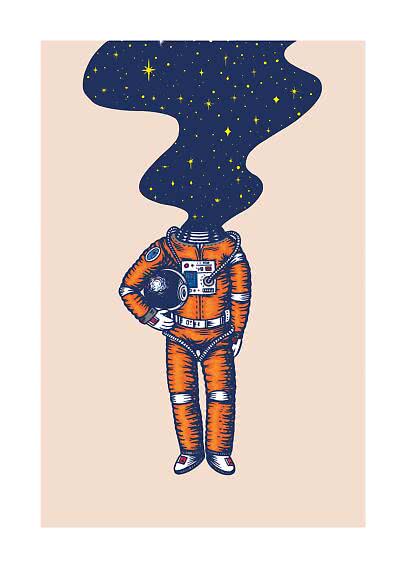 Illustrazione di astronauta in tuta spaziale arancione con casco in mano e cielo stellato al posto della testa