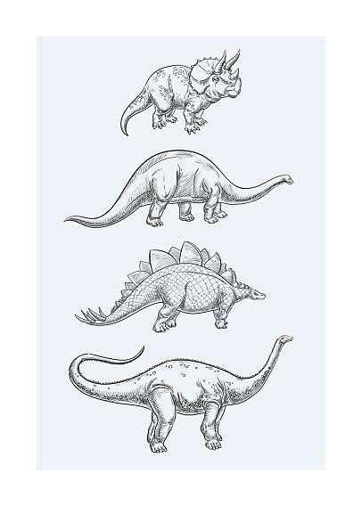 Illustration of four dinosaurs in black line art on a light blue background