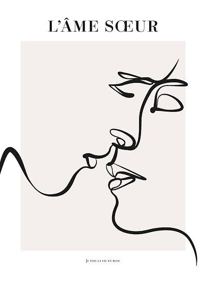 Minimalistisches Poster mit schwarzer Linienzeichnung eines Gesichts und dem Text „L’ÂME SŒUR“