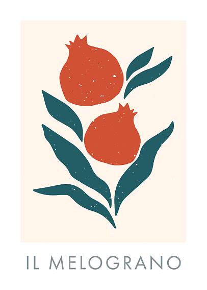 Affiche minimaliste avec deux grenades rouges et des feuilles bleu-vert sur fond clair