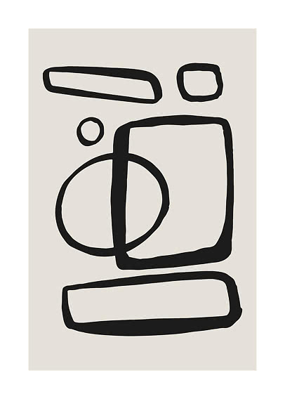Abstrakt plakat med sorte organiske geometriske former på lys beige baggrund