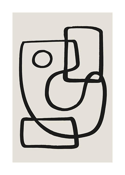 Abstrakt line art-plakat med sorte organiske former på beige baggrund