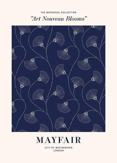 Poster mit dunkelblauem Jugendstil-Blumenmuster und Text Mayfair, City of Westminster London