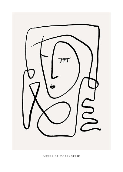 Abstrakte schwarze Linienzeichnung eines Gesichts auf beigem Hintergrund mit Text Musée de l'Orangerie