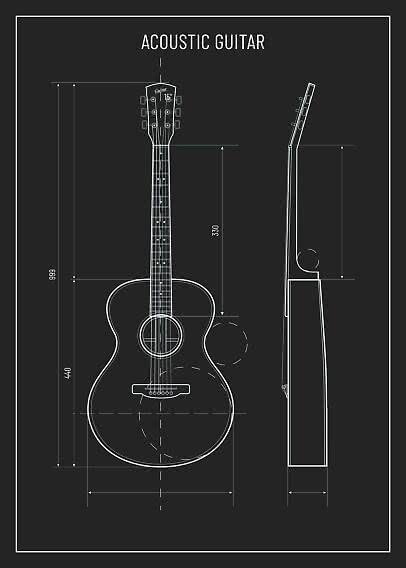 Teknisk tegning af akustisk guitar set forfra og fra siden med mål på sort baggrund