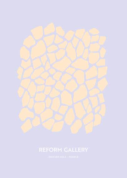 Abstract poster with light irregular shapes on a purple background and the text Reform Gallery.